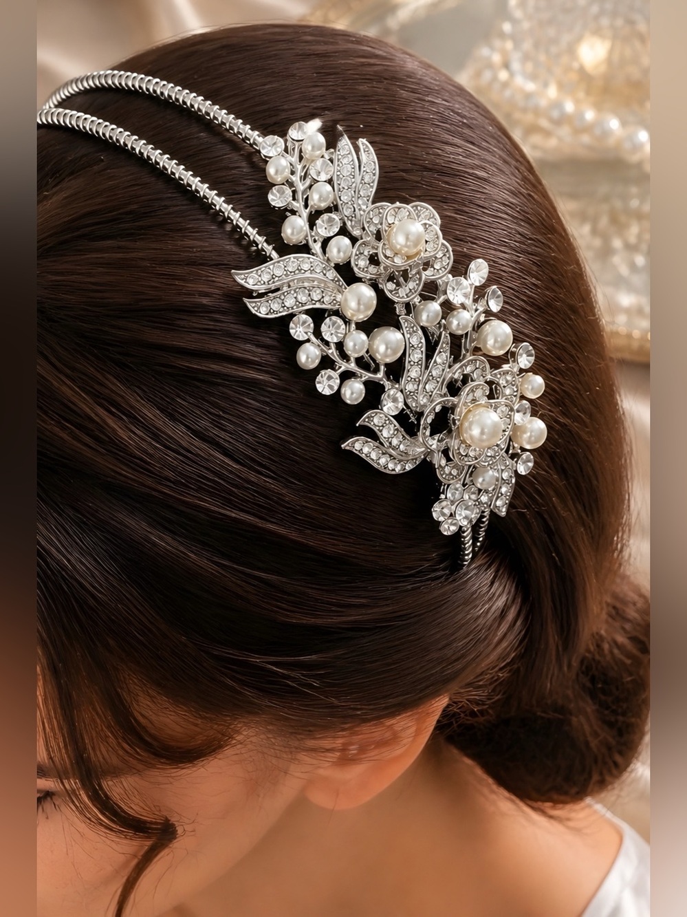 Stunning Silver-tone Faux Pearl & Crystal Floral Headband
